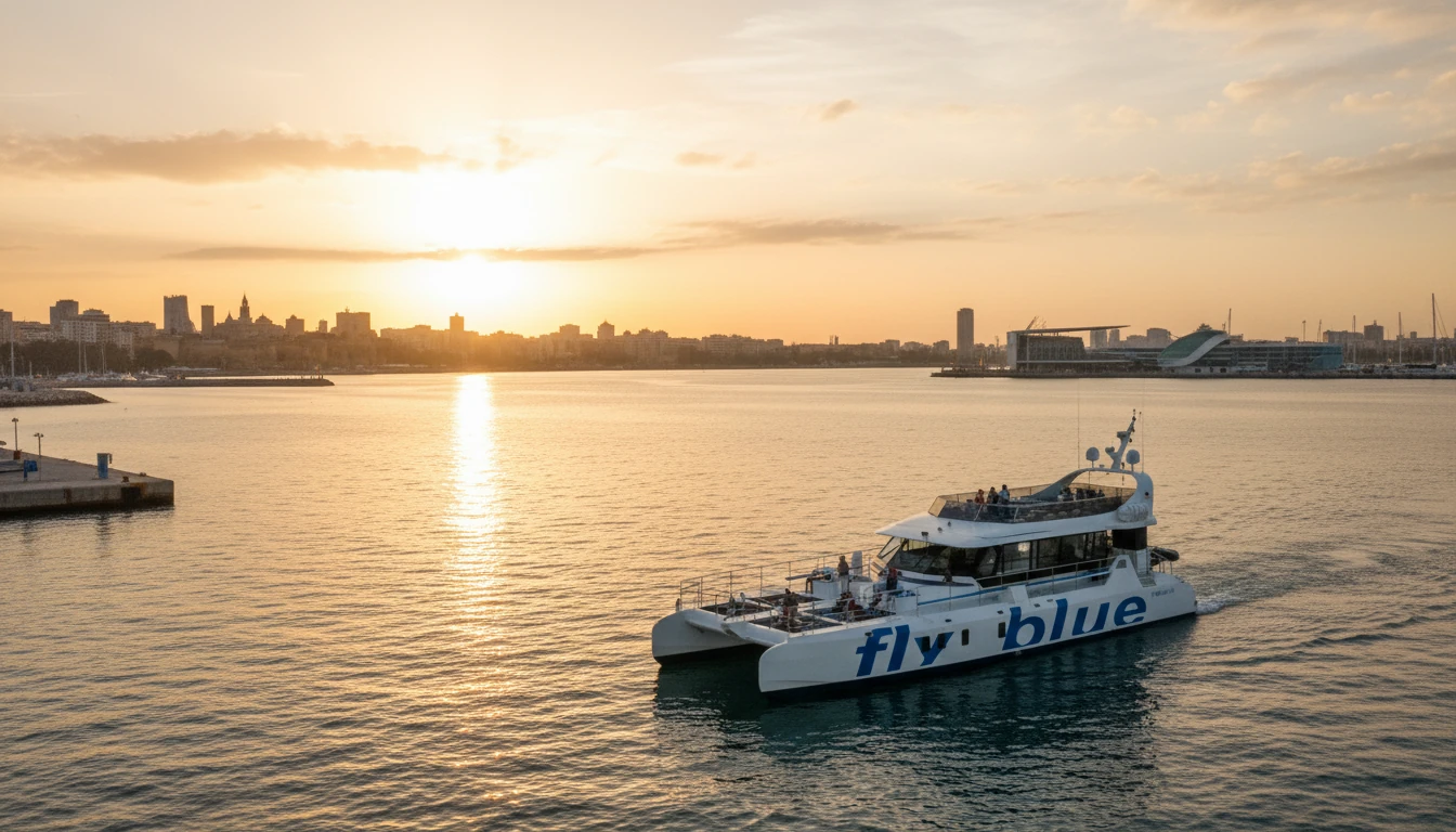 Barco turístico atracando en el puerto de Málaga al atardecer con la Alcazaba al fondo