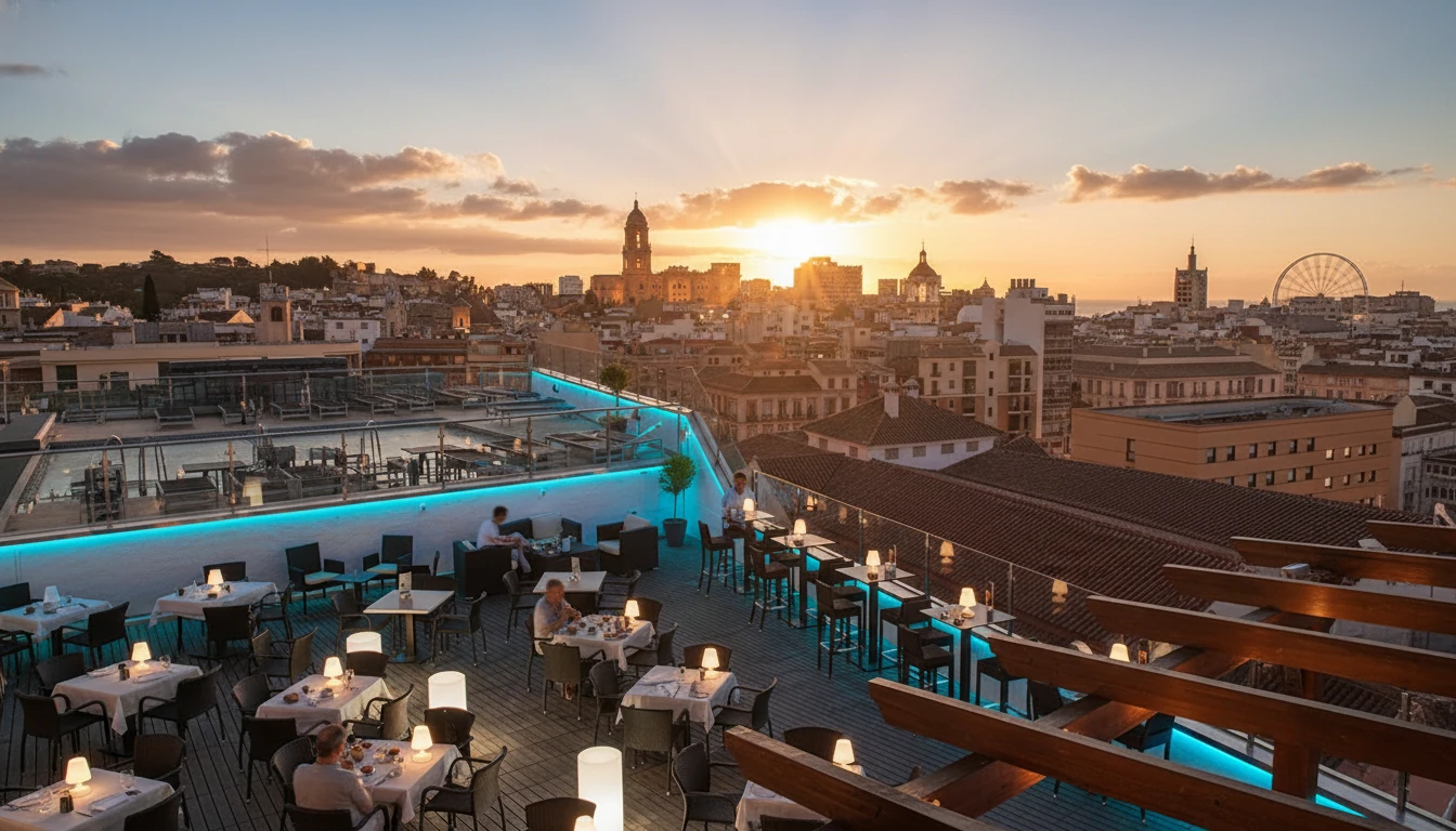 Terraza romántica en Málaga al anochecer con mesas y luces